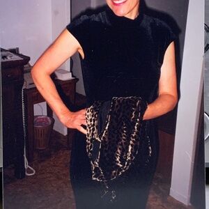 Lori Weidner Designer Black Velvet Evening Dress with Fringed Animal Print Cape